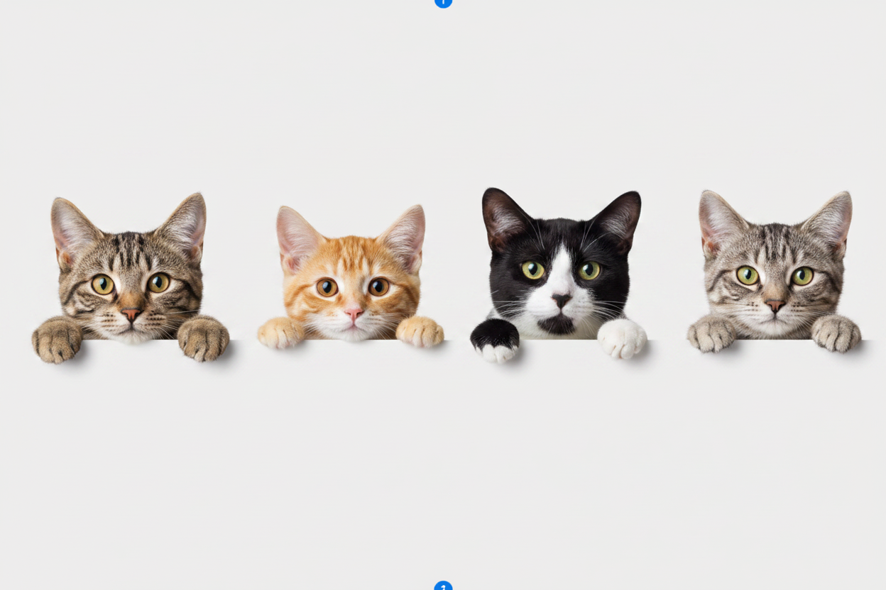 Four cats peeking over a white banner